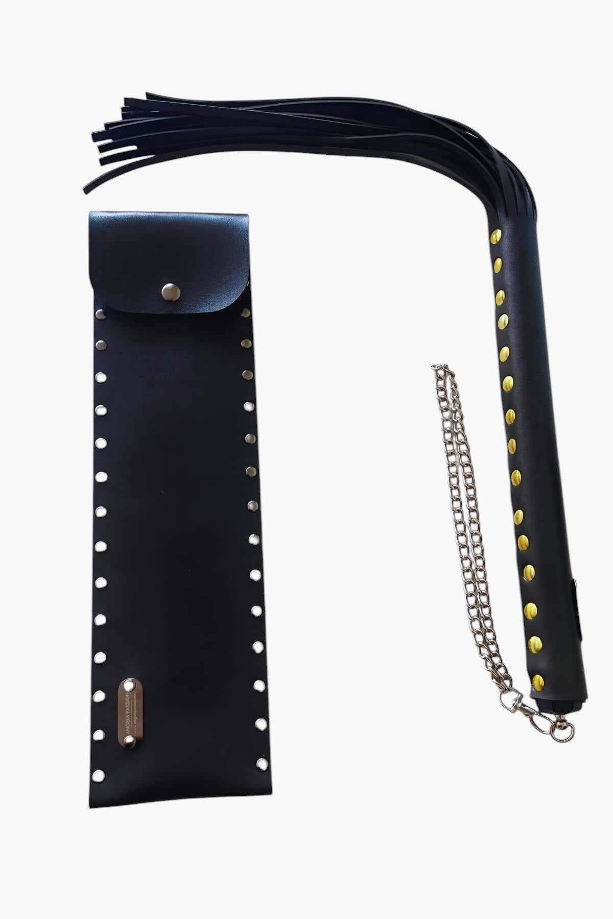 Handcrafted Leather Whip Holder with Stud Accents, Elegant BDSM Accessory Storage for Kinky Gift & Adult Play Collection
