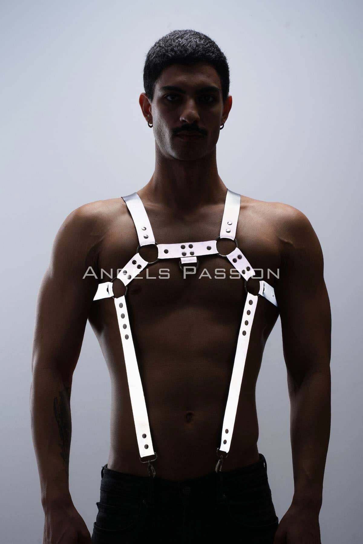Leather Chest Suspender, Adjustable Straps Handmade White Reflector Suspender for Clothing and Parties Unique Fasionable Gift