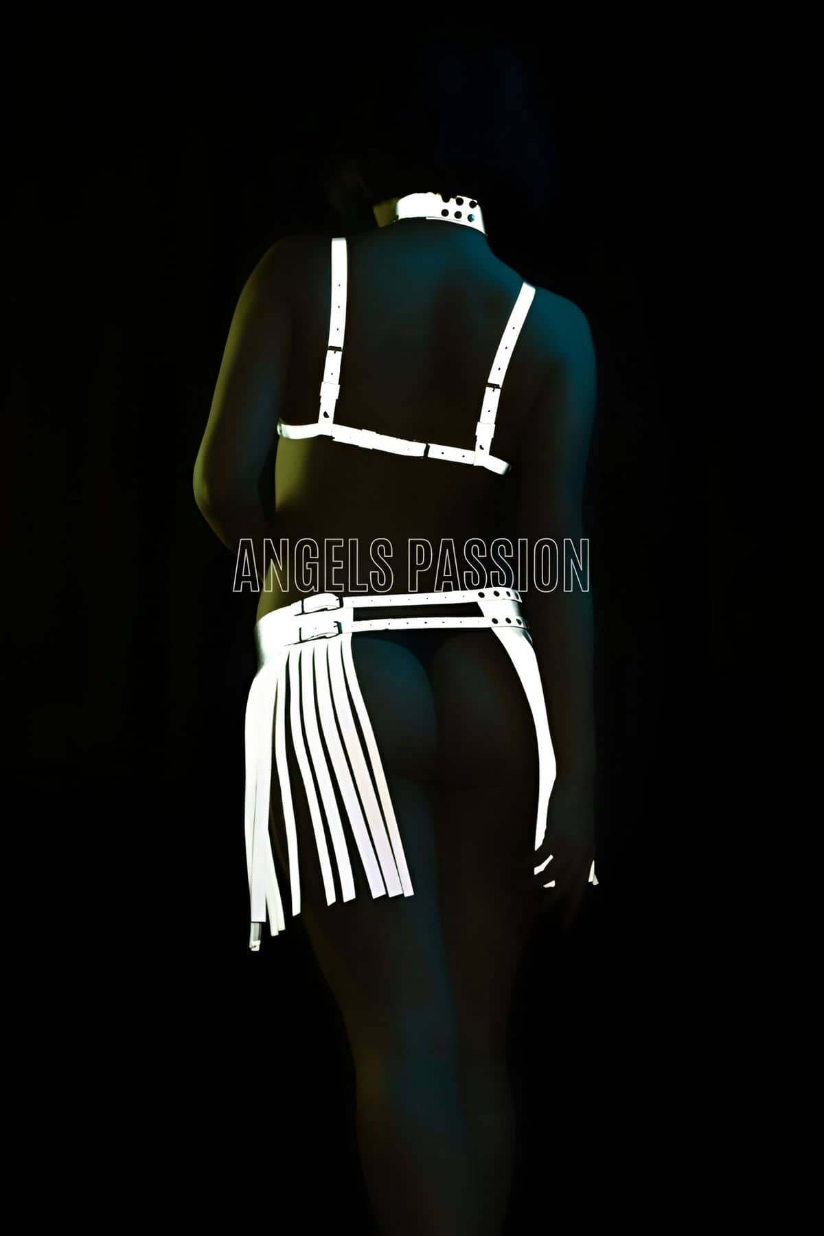 Reflective Fringe Leather Rave Set, Handmade Harness Top & Skirt for EDM, Party & Cosplay, Perfect Gift