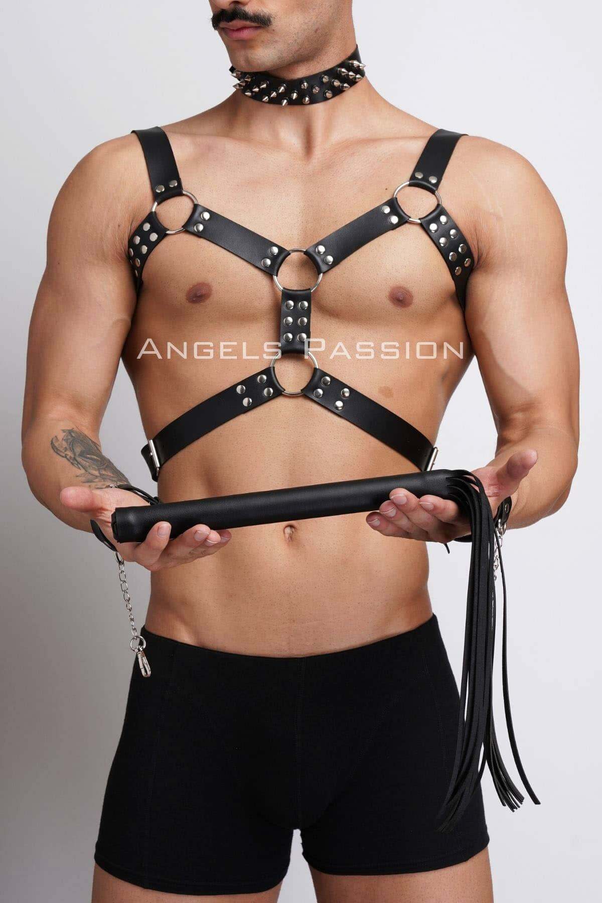 Studded Men's Leather Harness Set, Fetish Gear with Matching Collar for Bold Fashion Statements or Unique Gifts