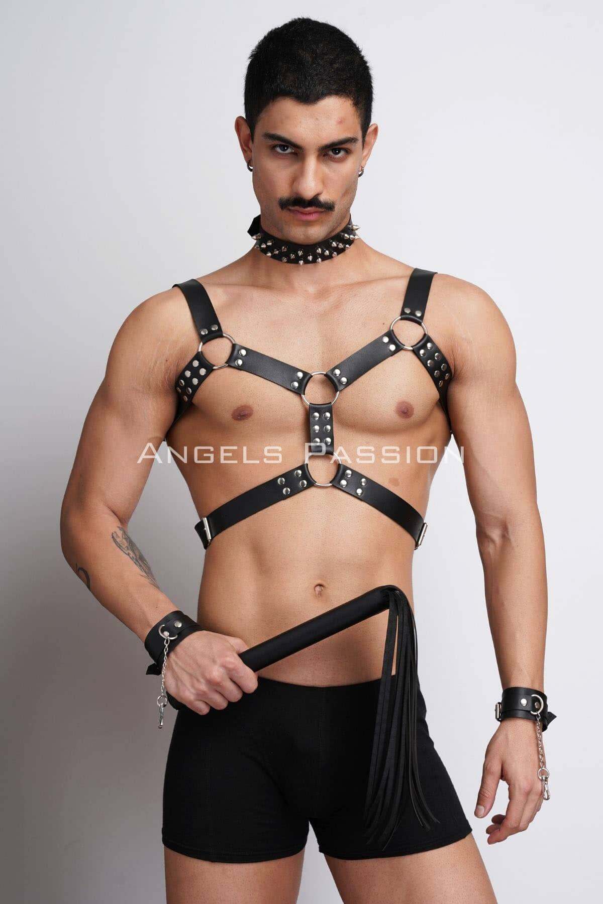 Studded Men's Leather Harness Set, Fetish Gear with Matching Collar for Bold Fashion Statements or Unique Gifts
