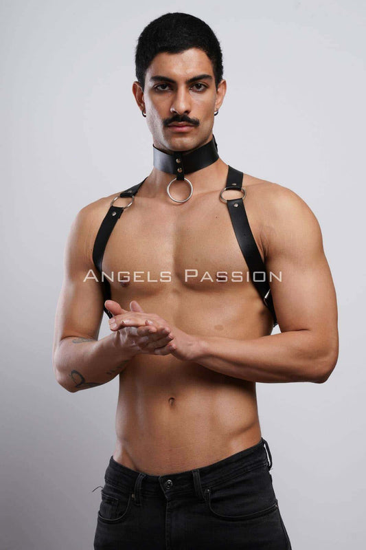 Handcrafted Leather Harness with Choker Ring, Unique Costume Accessory for Cosplay & Clubwear, Perfect Gift